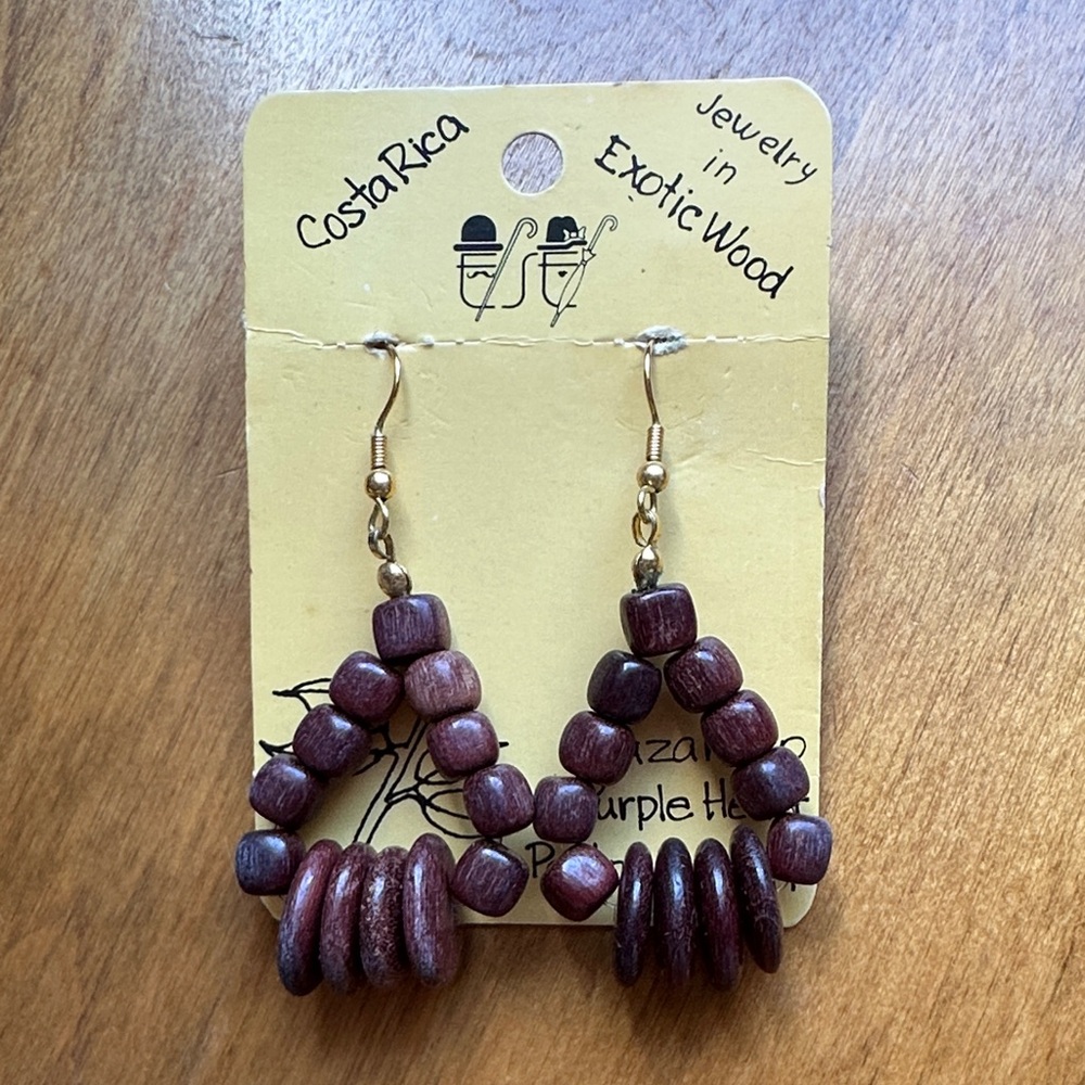 Vintage New on Packaging Costa Rican Exotic Wood Bead Drop Earrings